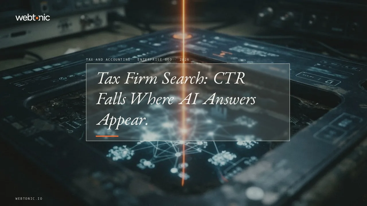 Tax and accounting enterprise SEO benchmarks 2026 thumbnail showing a 58 percent lower click-through rate for the top result when an AI Overview appears