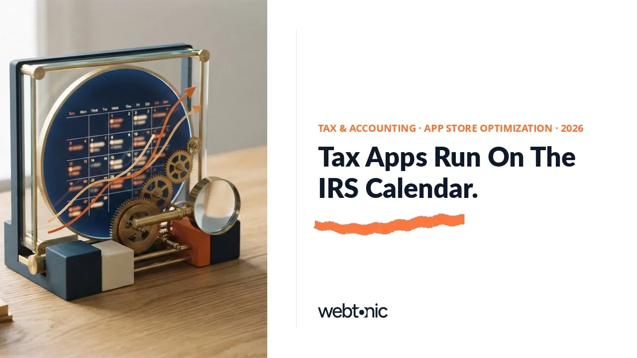 Tax and accounting app store optimization statistics 2026 thumbnail showing 65.3 million self-prepared e-filed returns by April 24 2026 and Apple Ads CPA rising to USD 3.28 in Q4
