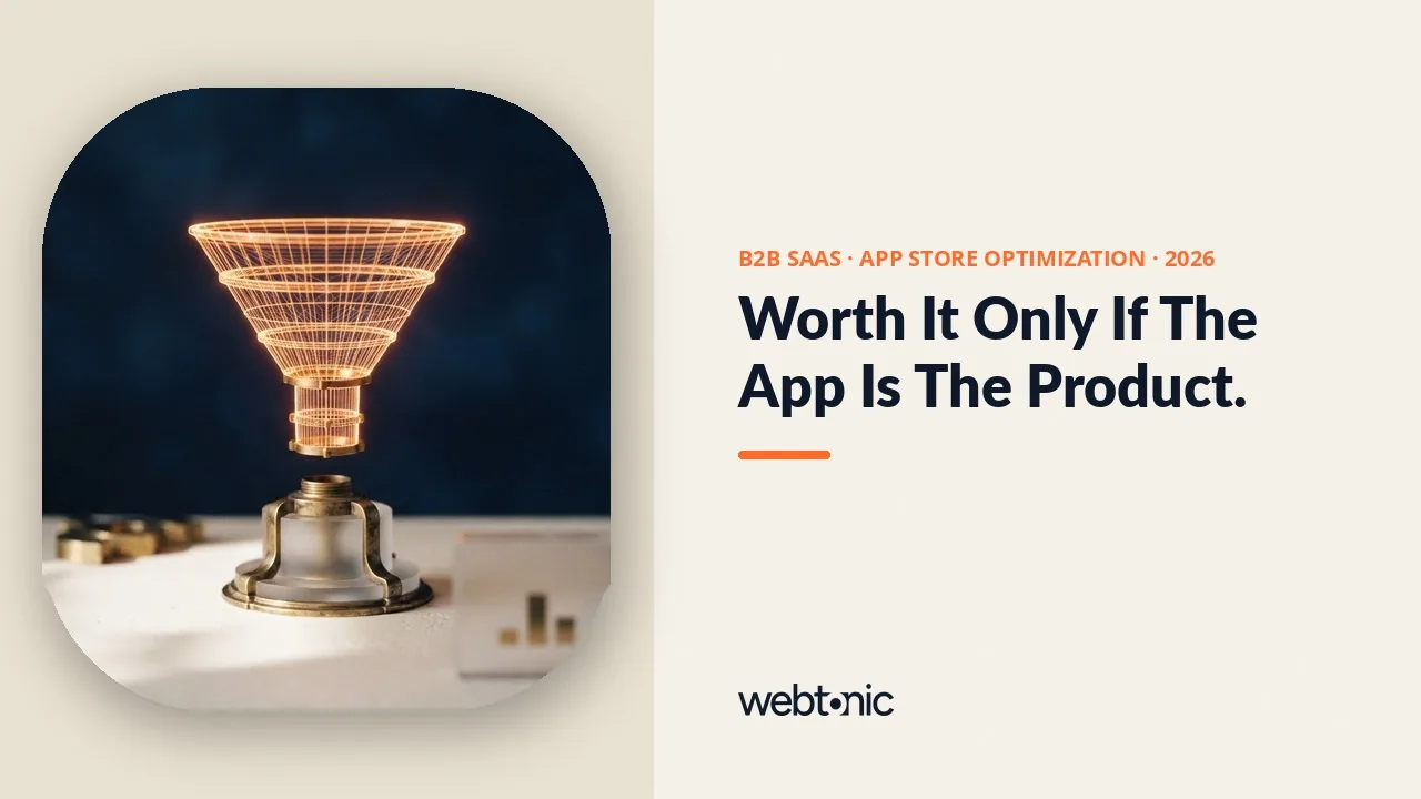 B2B SaaS app store optimization statistics thumbnail showing a Productivity cost per download of USD 2.84 in 2025 and Business search-ad conversion of 67.22 percent