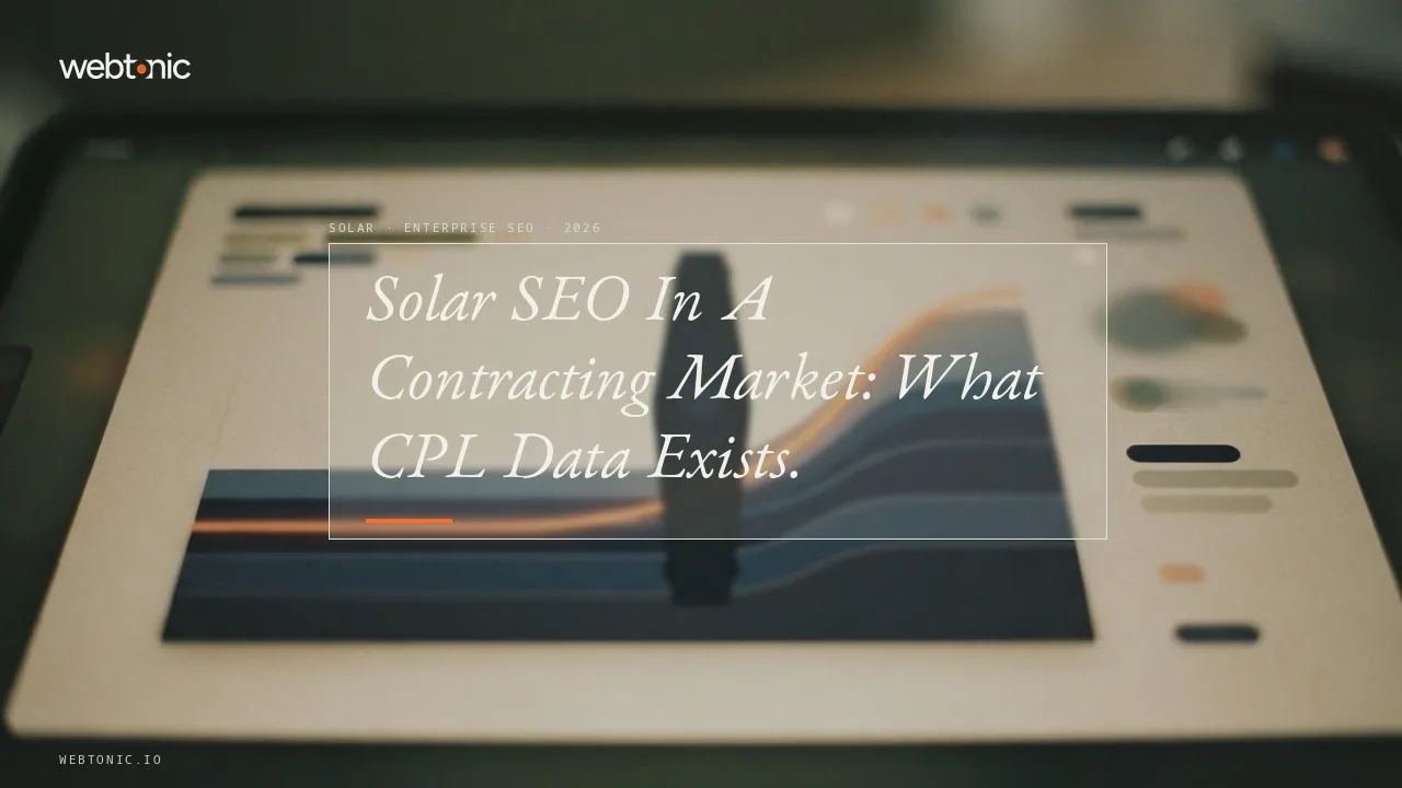 Solar enterprise SEO benchmarks 2026 thumbnail showing 1,179 MWdc of residential solar installed in Q1 2026 and a paid home-improvement cost per lead of USD 90.92