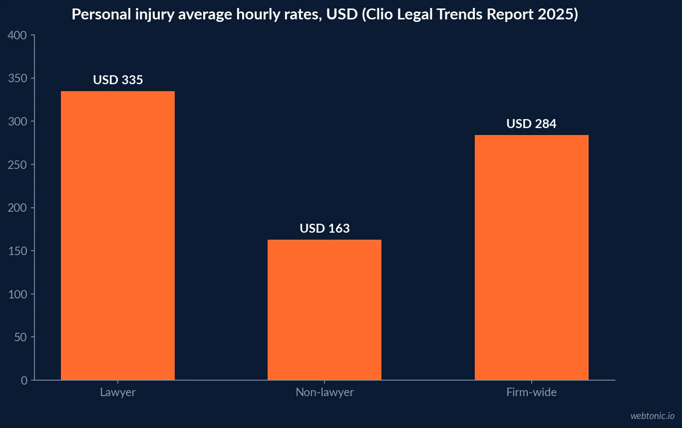 Bar chart of Clio Legal Trends Report 2025 personal injury average hourly rates: USD 335 for lawyers, USD 163 for non-lawyers and USD 284 firm-wide