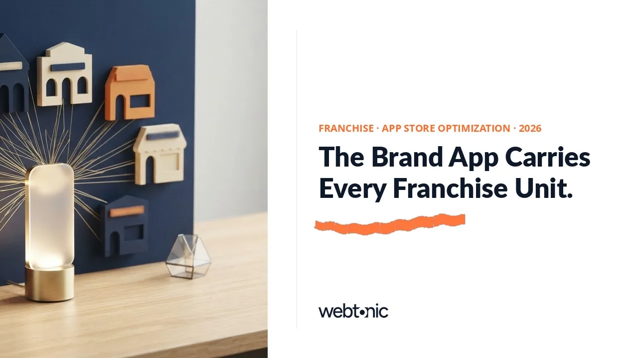 Franchise app store optimization benchmarks thumbnail showing more than 85 percent of Domino's US sales from digital channels and a USD 2.19 Food and Drink cost per download