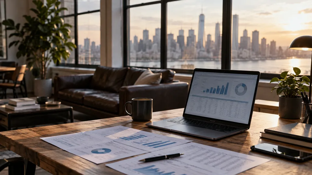 Growth plan working session: a founder desk in a Manhattan loft with printed financial model pages, a laptop showing charts and late afternoon window light