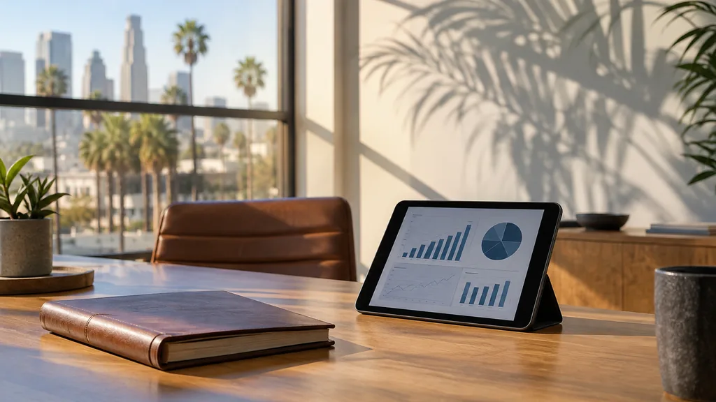 Growth plan working session: a sunlit Los Angeles studio office table with a bound business plan, a tablet with revenue charts and palm shadows on the wall