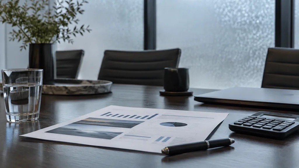 Growth plan working session: a boardroom table with a printed pitch deck, a calculator and cool winter daylight through frosted glass windows, no view outside