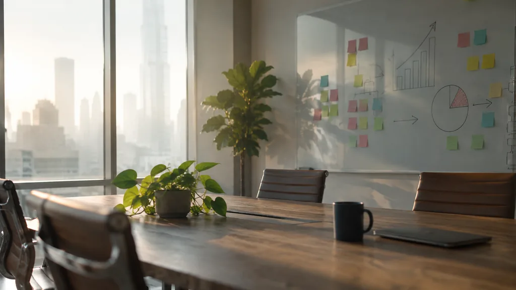 Growth plan working session: a startup meeting room with a whiteboard of unit economics arrows, sticky notes and soft fog-filtered light