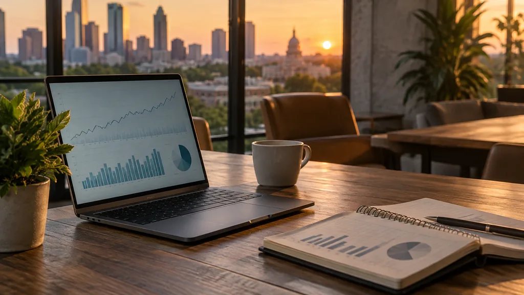 Growth plan working session: a coworking table with a laptop showing growth charts, a notebook of revenue projections and warm Texas evening light