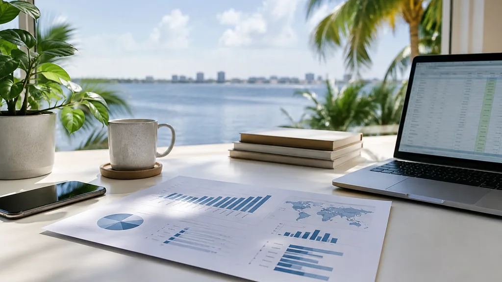 Growth plan working session: a bright waterfront office desk with a printed investor deck, a laptop spreadsheet and tropical morning light