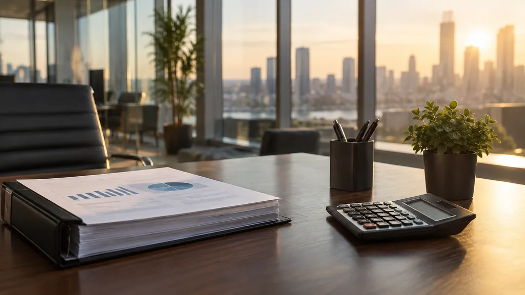 Growth plan working session: a modern glass office with a printed business plan binder, a financial calculator and golden afternoon light