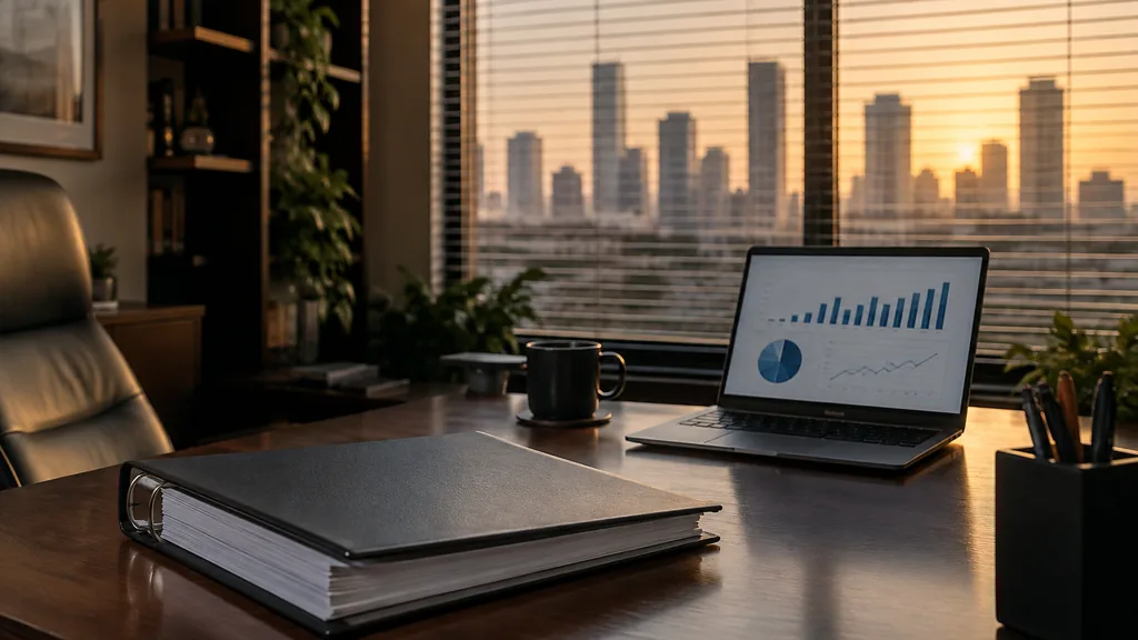 Growth plan working session: a Houston office desk with a printed business plan binder, a laptop showing revenue charts and warm humid evening light through blinds