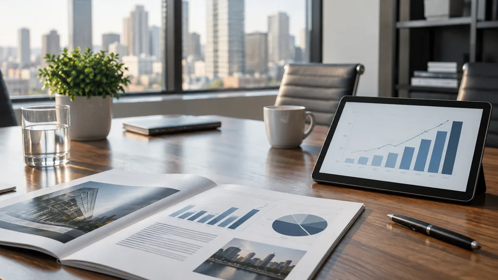 Growth plan working session: a midtown office meeting table with a printed pitch deck, a tablet showing a cash flow chart and soft morning light