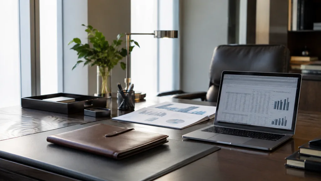 Growth plan working session: a classic office with a leather folio, printed financial projections, a laptop spreadsheet and cool daylight through tall windows, no view outside