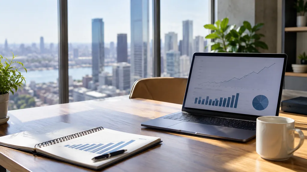 Growth plan working session: a bright loft office table with a notebook of revenue projections, a laptop showing growth charts and crisp high-altitude sunlight