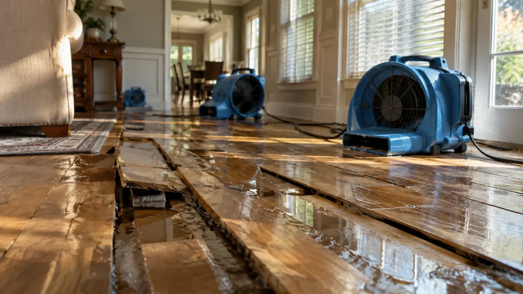 Disaster restoration job site: a suburban Georgia home interior with wet hardwood floor boards lifted, air movers and warm humid afternoon light through blinds