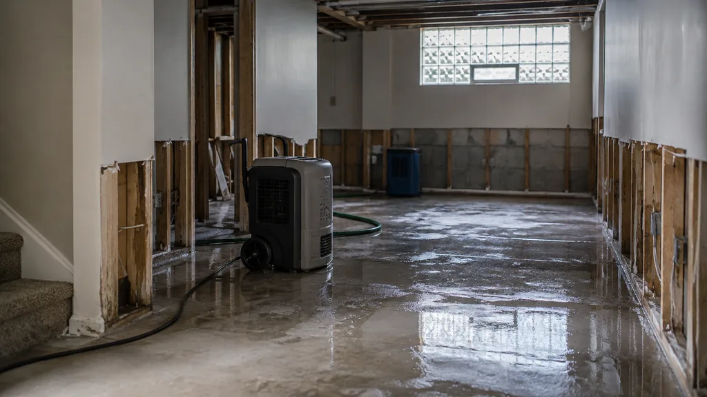Disaster restoration job site: a brick bungalow basement after a spring flood with drywall cut away, dehumidifiers and cool grey daylight from a glass block window