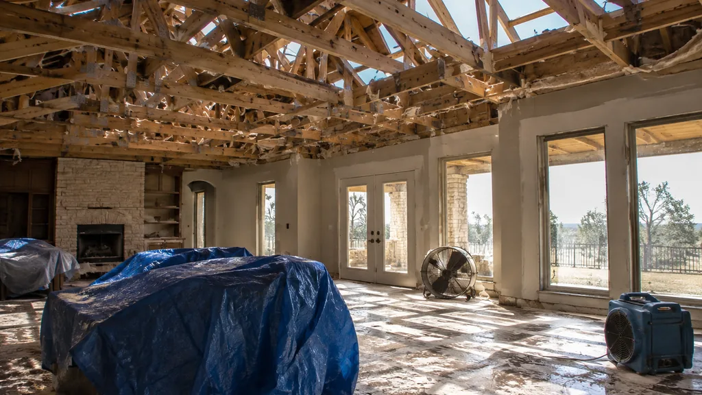 Disaster restoration job site: a Texas ranch house attic and ceiling opened after hail damage, tarps, fans and bright dusty afternoon light