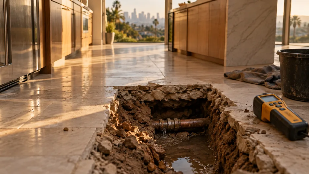Disaster restoration job site: a Los Angeles hillside home kitchen with a slab leak dug open in the tile floor, moisture meter and warm golden light