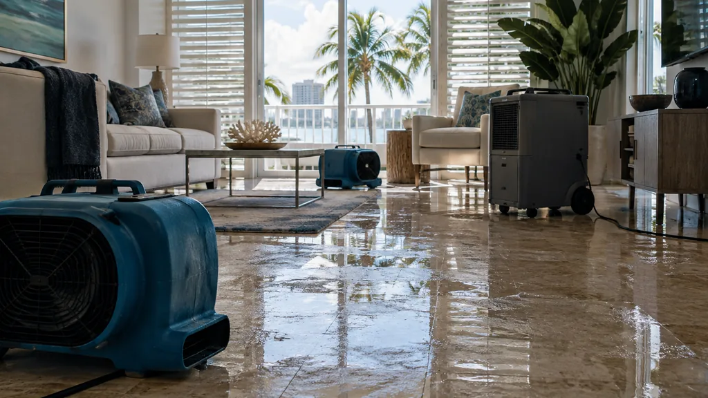 Disaster restoration job site: a Miami condo living room after a storm with wet tile floor, air movers, dehumidifier and bright tropical light through hurricane shutters