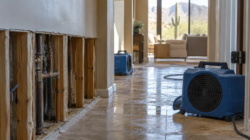 Disaster restoration job site: a desert home hallway with a burst supply line behind cut drywall, air movers and bright dry light
