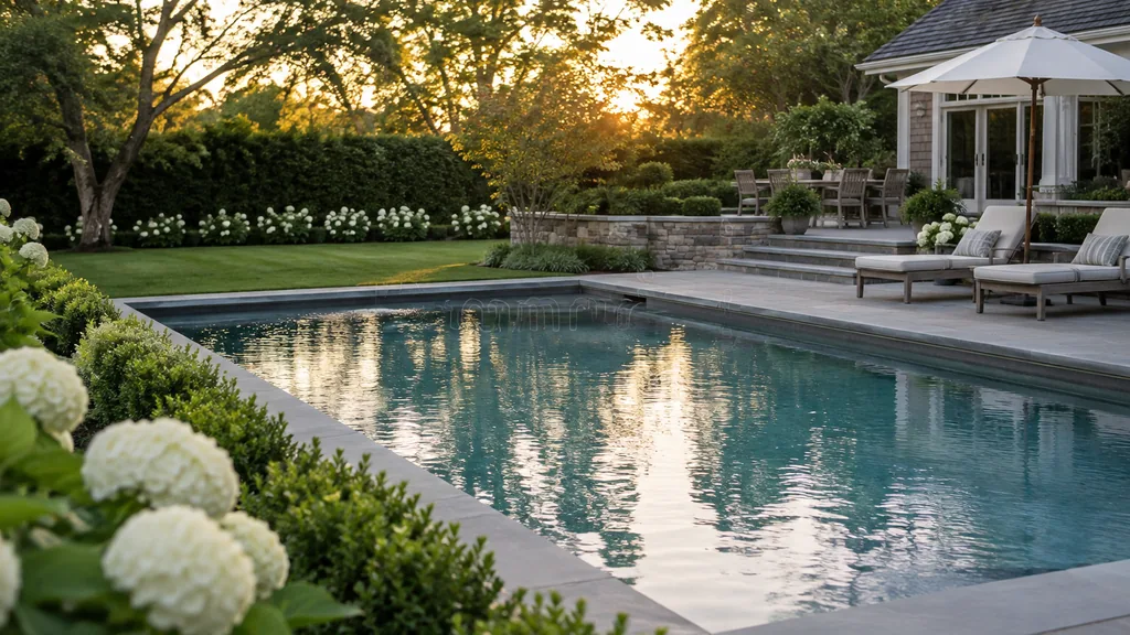 Pool builder backyard: a Long Island backyard with a rectangular gunite pool, bluestone coping, a boxwood hedge and soft early summer evening light