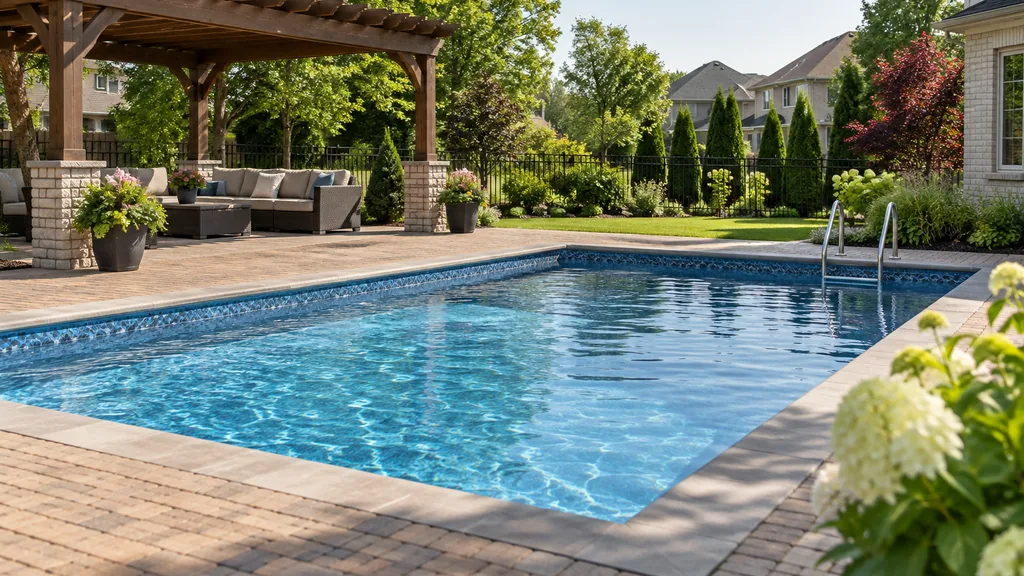 Pool builder backyard: a Chicago suburban backyard with a new vinyl-liner pool, a brick paver deck, a pergola and bright late spring light