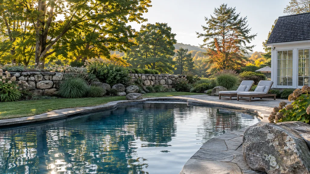 Pool builder backyard: a New England backyard with a freeform pool beside a fieldstone wall, maple trees and crisp morning light