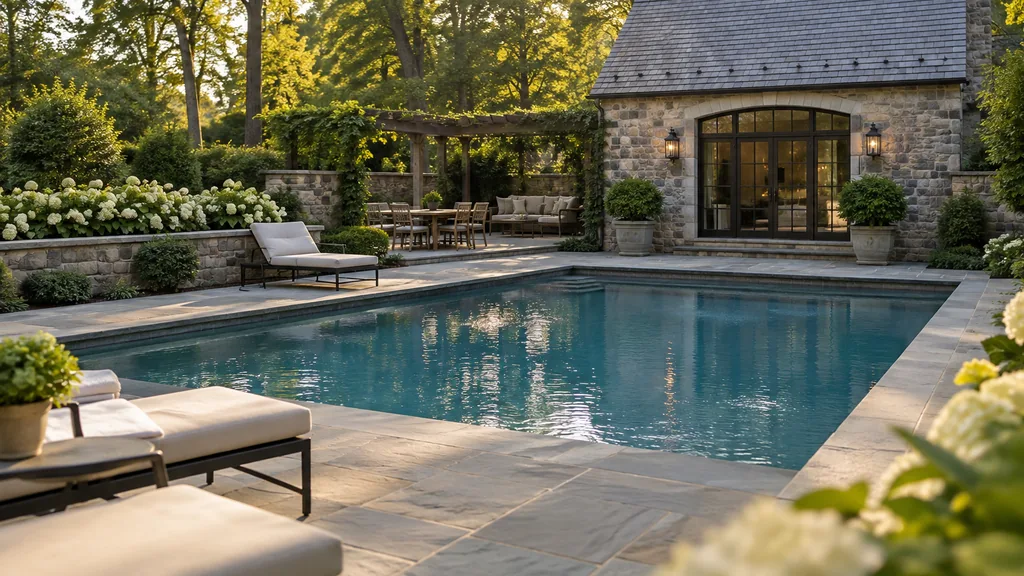 Pool builder backyard: a Main Line backyard with a classic rectangular pool, a flagstone patio, a stone pool house and warm afternoon light