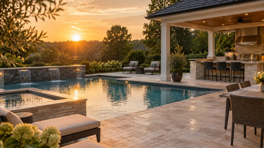 Pool builder backyard: a Northern Virginia backyard with a modern pool, a travertine deck, a covered outdoor kitchen and humid golden evening light