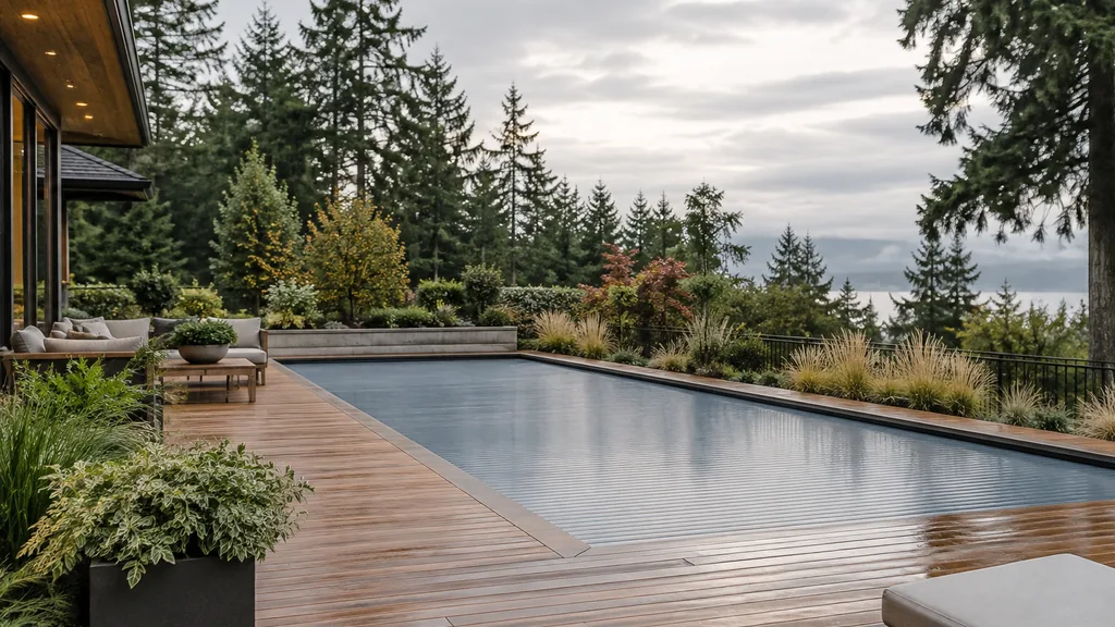 Pool builder backyard: a Pacific Northwest backyard with a covered heated pool, cedar decking, evergreen trees and soft overcast light