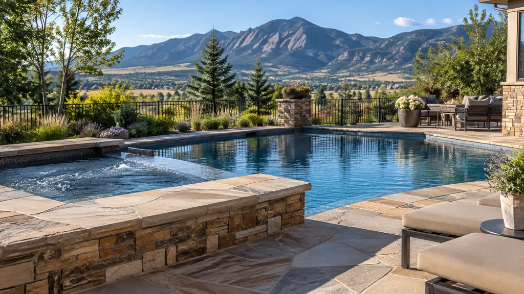 Pool builder backyard: a Colorado Front Range backyard with a pool and attached spa, a flagstone deck and distant foothills under clear blue sky