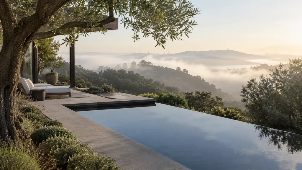 Pool builder backyard: a Bay Area hillside backyard with a narrow infinity-edge pool, a concrete deck, olive trees and fog lifting over the hills