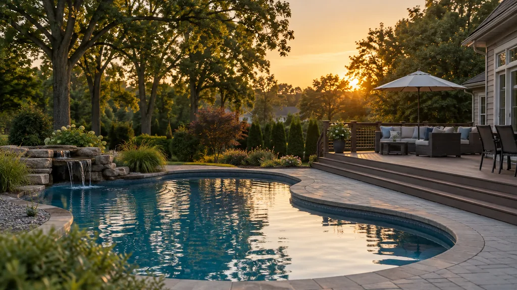 Pool builder backyard: a Michigan suburban backyard with a fiberglass pool, a composite deck, mature oak trees and warm summer evening light