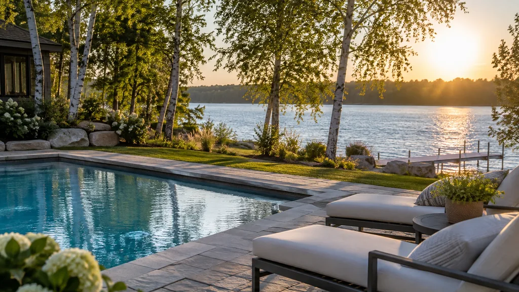 Pool builder backyard: a Minnesota lakeside backyard with a new inground pool, a stone patio, birch trees and long northern summer light