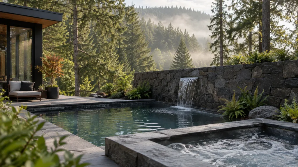 Pool builder backyard: an Oregon backyard with a compact pool and hot tub, a basalt stone wall, Douglas firs and misty morning light