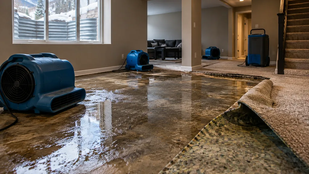 Disaster restoration job site: a Colorado split-level basement after a burst pipe with carpet pulled back, air movers and crisp cold mountain daylight through a window well