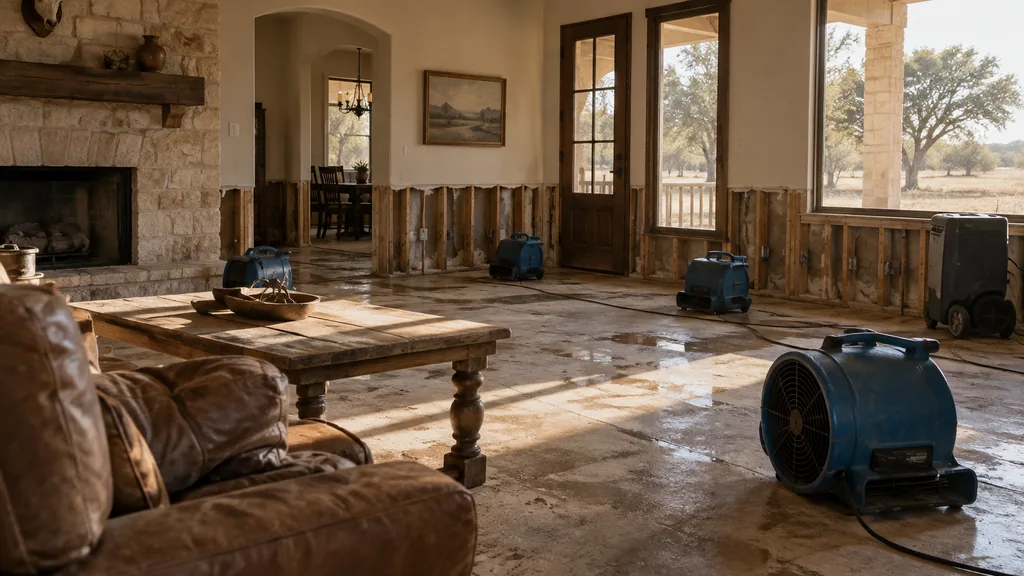 Disaster restoration job site: a South Texas ranch house living room after a flash flood with lower drywall removed, rows of air movers and warm dusty afternoon light