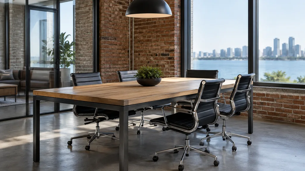 Office setting: a brick-walled loft meeting room with a steel and oak table, black chairs, sticky-note-free glass wall and cool lakefront daylight