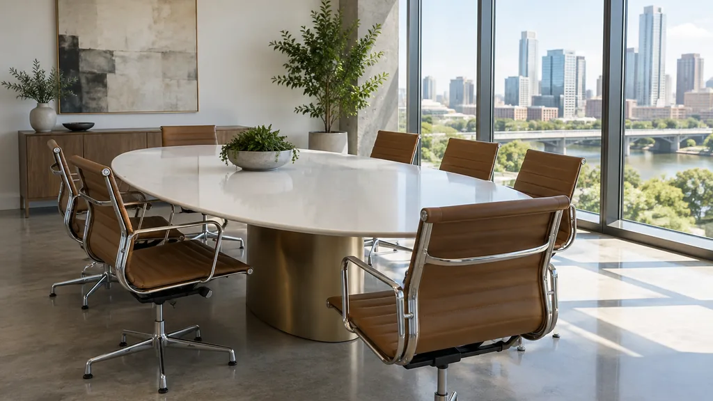 Office setting: a modern office conference room with a polished concrete floor, a white oval table, leather chairs and bright Texas afternoon light