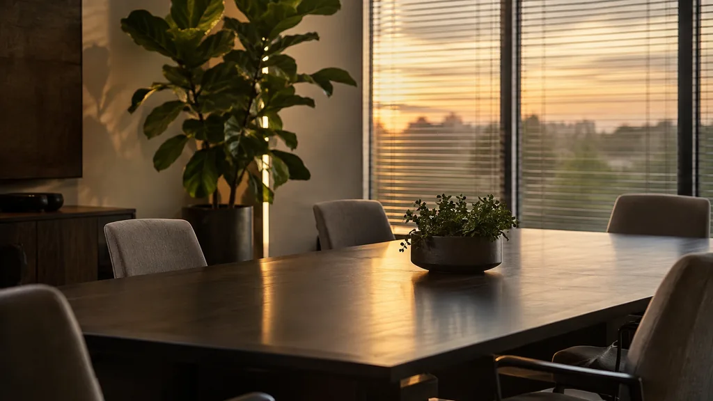 Office setting: a quiet corporate meeting room with a dark wood table, upholstered chairs, a potted fiddle-leaf fig and warm humid evening light through blinds