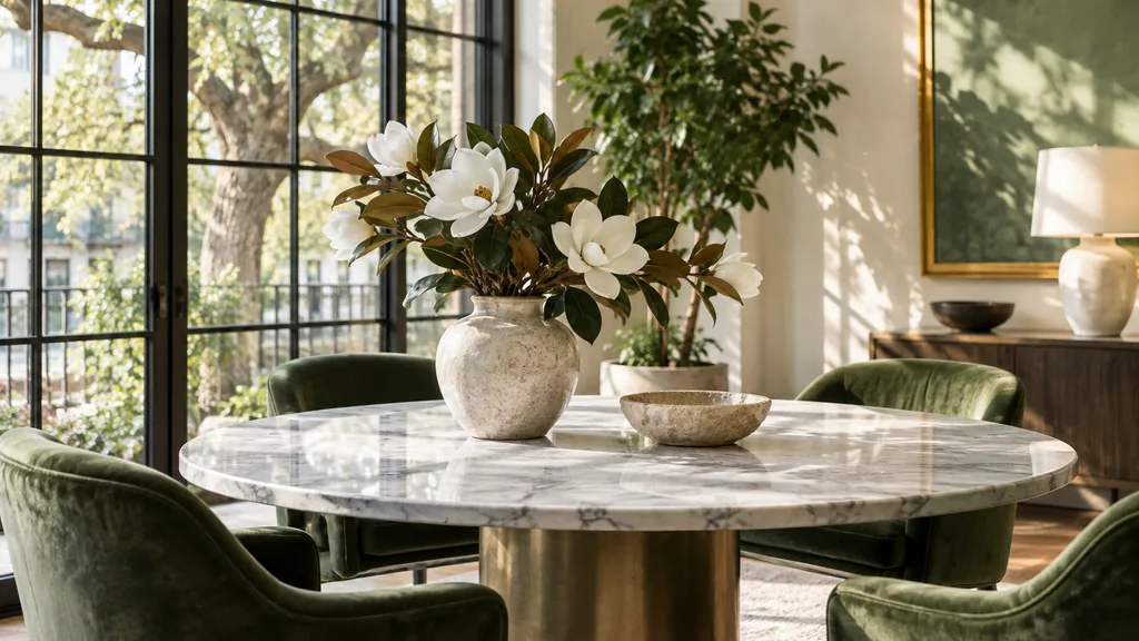Office setting: a bright office lounge with a round marble table, velvet green chairs, magnolia branches in a vase and soft Southern morning light