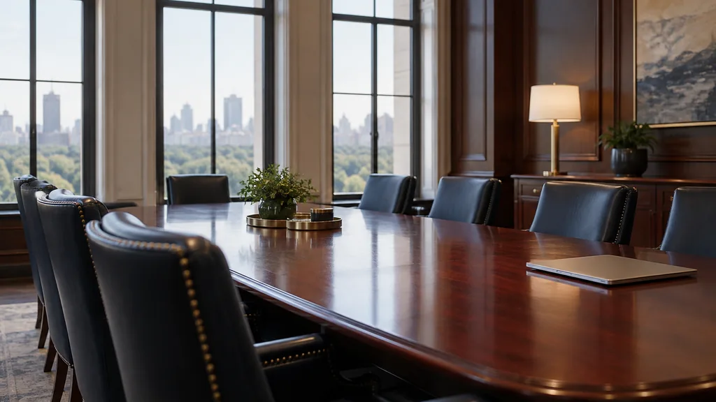 Office setting: a formal boardroom with a cherry table, navy chairs, a closed laptop and soft light through tall arched windows