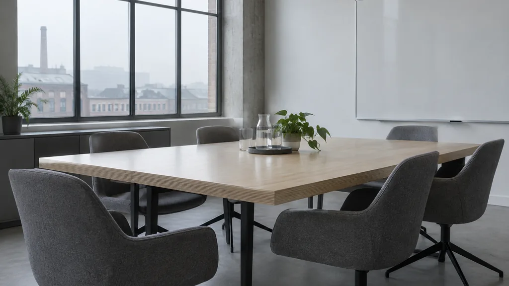 Office setting: a minimalist startup meeting room with a birch table, grey felt chairs, a blank whiteboard and cool foggy daylight through factory windows