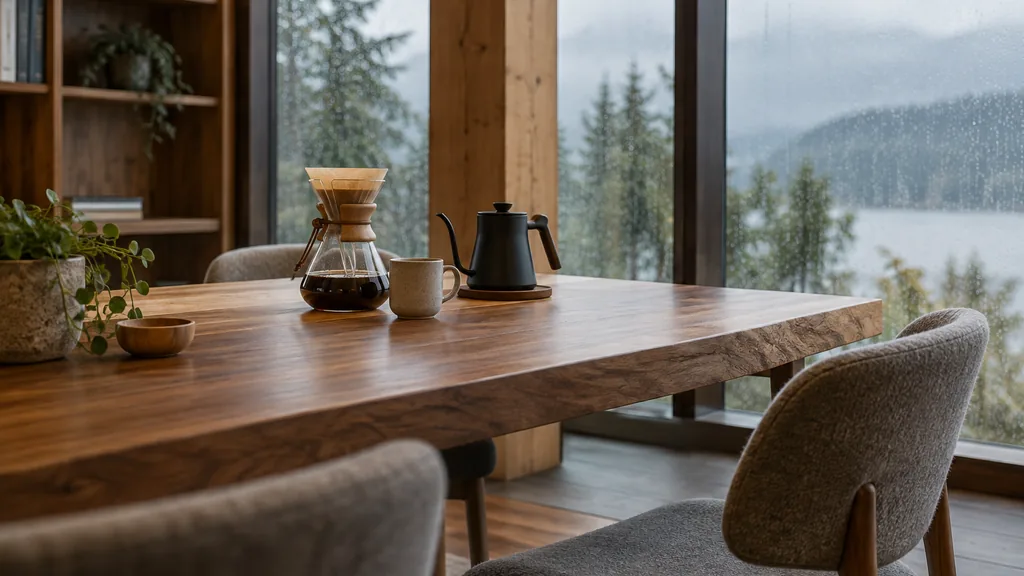 Office setting: a timber-framed office with a cedar table, wool-covered chairs, a pour-over coffee set and soft rainy daylight through large windows