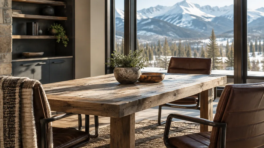 Office setting: a mountain-modern office with a reclaimed pine table, leather chairs, a woven throw and crisp high-altitude sunlight through big windows