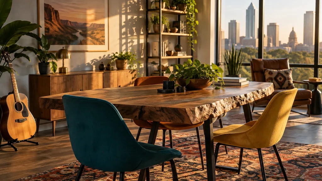 Office setting: a relaxed creative office with a live-edge table, colourful chairs, a guitar on a stand and warm late-afternoon Texas light