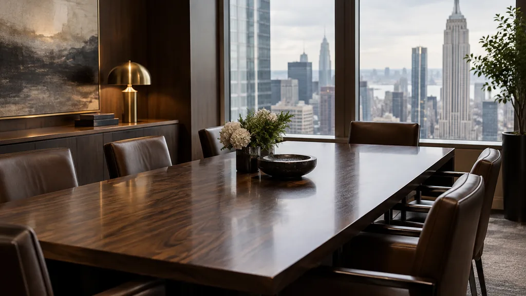 Wealth management office setting: a refined Manhattan private wealth meeting room with a dark walnut table, leather chairs, a brass lamp and soft overcast city light through tall windows