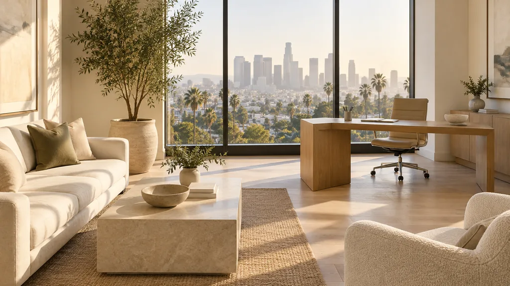 Wealth management office setting: a bright Los Angeles wealth advisory office with white oak floors, a linen sofa, a tall potted olive tree and warm golden California light