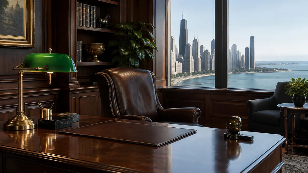 Wealth management office setting: a classic Chicago wealth management office with dark wood panelling, a green banker lamp, a leather armchair and cool lakefront daylight