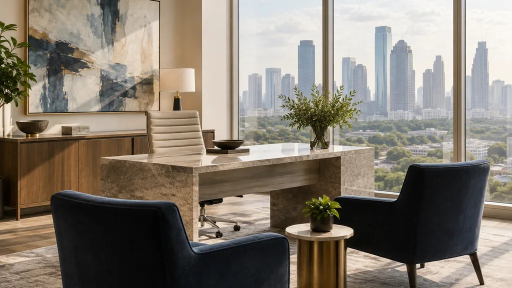 Wealth management office setting: a spacious Houston private client office with a stone-topped desk, navy armchairs, a large abstract canvas and bright humid morning light