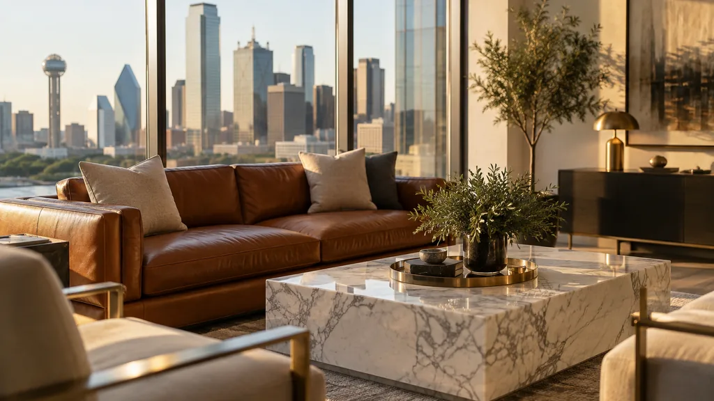 Wealth management office setting: a polished Dallas wealth advisory lounge with a cognac leather sofa, a marble coffee table, brushed brass details and warm late afternoon sun